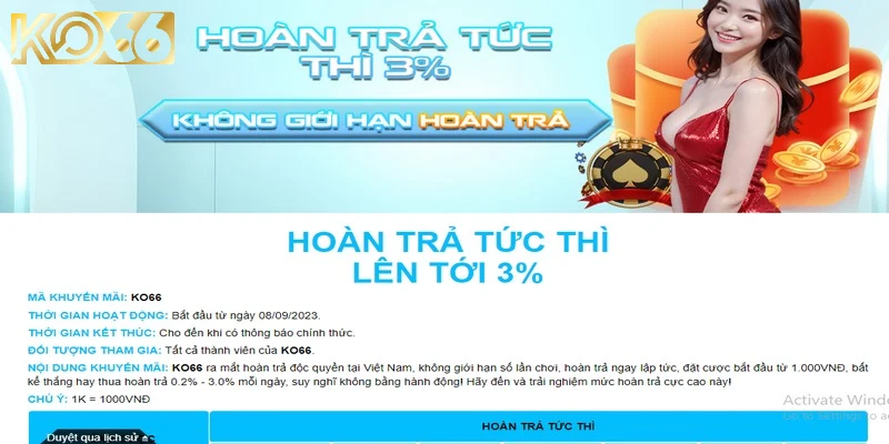 Hoàn trả tức thì 3% ưu đãi độc quyền dành cho các thành viên KO66